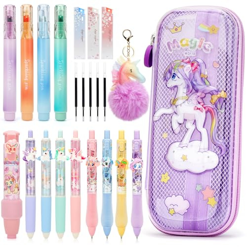 Anyfirst Einhorn Federmäppchen Mädchen mit Stifte, Einhorn Geschenke für Mädchen 4 5 6 7 8 9 Jahre, Kawaii Stifte Set & Schreibwaren Set mit Mäppchen, Textmarker & Radiergummi Stift, Lila