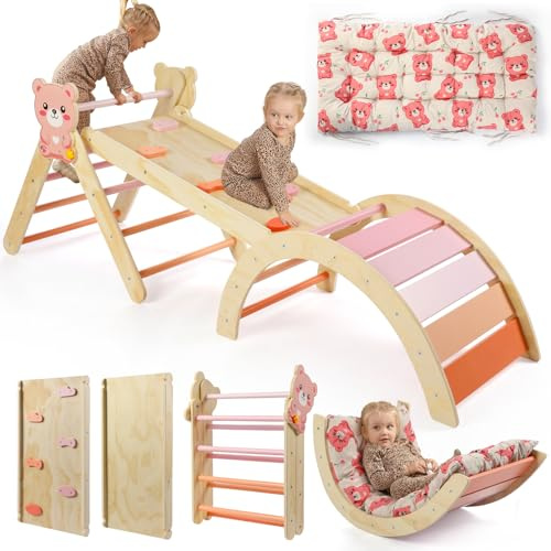 7-in-1 Montessori Kletterdreieck Set mit Rutsche, Kletterbogen & weichem Kissen – Holz Klettergerüst für Babys & Kleinkinder, Indoor Spielgerät, faltbar & sicher (Bärchen)
