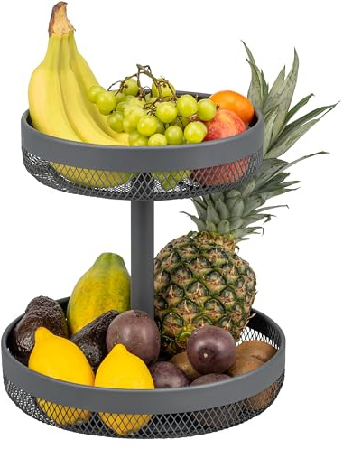 eluno 2-stöckige runde Obstetagere/Brotkorb, Etagere, Obstschale, Obstkorb aus Metall, viel Platz für die übersichtliche Lagerung von Obst, Gemüse, Brot und Snacks in Küche und Wohnzimmer (Grau)