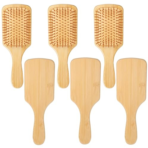 6 Pcs Bamboo Hair Brush Bulk Natural Wooden Paddle Brush Round-tipped Bamboo Bristles Detangling Brushes, Lightweight Massage Anti Static for Women Men and Children for Hair Growth (9.84'' × 3.4'')