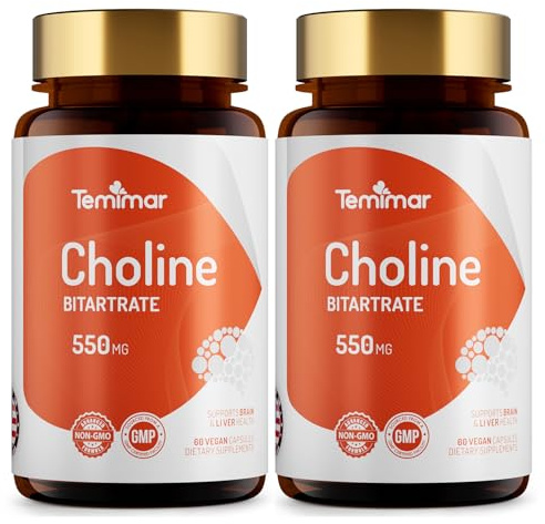 Temimar Choline Supplements, Supports Liver & Brain Health, High Absorption Choline Bitartrate 550mg, Non-GMO, Gluten-Free, Made in USA, 120 Vegan Capsules