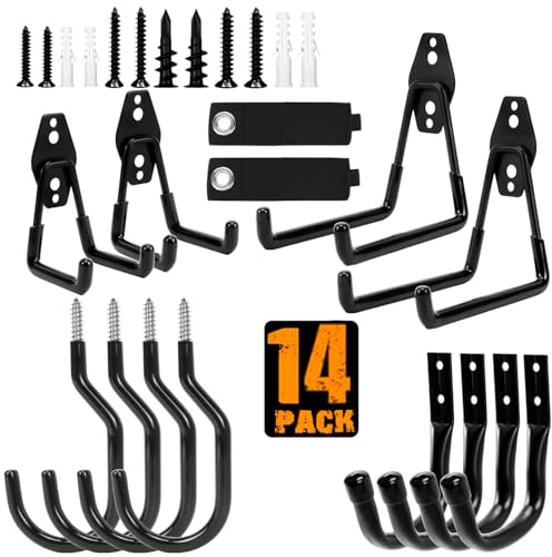 TocTen Garage Hooks, 14 Pack Garage Storage Hook Heavy Duty Solid Steel Wall Hooks, Wall Mount Garage Bike Hooks with Anti-Slip Coating Utility Hooks for Hanging Bike Ropes Garden Tools (Black)