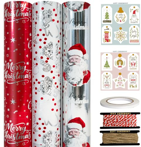 HaloCasa Omslagspapper med julfolie – 3 rullar (43 cm x 13 m vardera) med jultomtedesign, jutesnöre och dubbelsidig tejp – lyxig presentförpackning för julklappar och hantverk