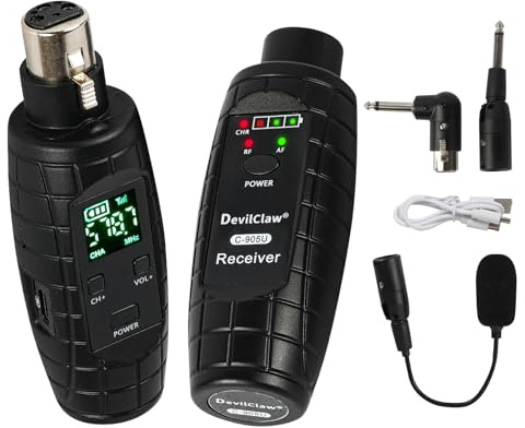 Devilclaw UHF Wireless Microfono System, Trasmettitore e Ricevitore Adattatore XLR per Microfoni Dinamici, Chitarra, Mixer, Sistema PA, 16 Frequenze Regolabili, Ricarica USB, Portata 76,2 m