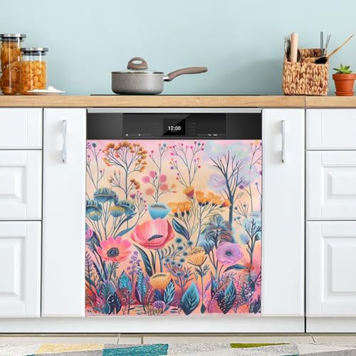 Boho Flowers Bush Magnetic Dishwasher Cover Reusable Refrigerator Skins Magnetic Holiday Decor 23x26in