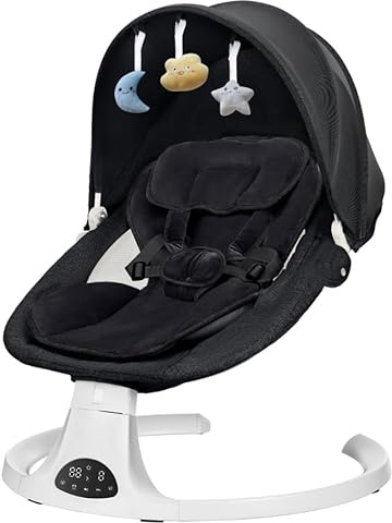 Babywippe Elektrisch Swing für Kinde - Bluetooth Babyschaukel bis 9 kg, Klappbar Wippe Baby Wippe baby mit 5 Schwinggeschwindigkeiten, 3-stufigem Timer und Fernbedienung, Insektennetz (Schwarz)