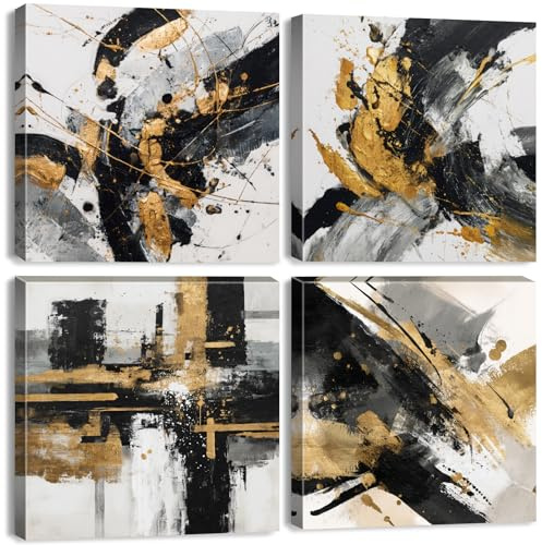 4 PièCes Abstraite Toile Murale Art Marbre Moderne Images Noir Et Or DéCor Mural Pour Salle De Bain Noir Et Blanc Or Encre Impressions Peintures Affiches EncadréEs Neutre Oeuvre DéCoration 30x30cm