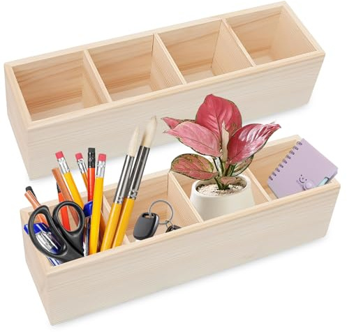 RFYTDCF 2 Stück Stiftehalter Holz, 4 Fächer Quadrat Stiftehalter Stiftköcher Schreibtisch Organizer Stifte Stiftebox Holz DIY Wooden Pen Holder für Büro Schule Zuhause (30.5 x 8.3 x 7.5 cm)