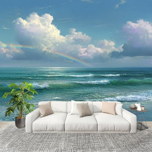 Fotográfico 3D HD No Tejido Paisaje De ArcoíRis Junto Al Mar ExtraíBle Papel Pintado Fotomural 200×140 cm azul Resistente al agua y a las manchas Fácil Instalación Murales Panorámicos
