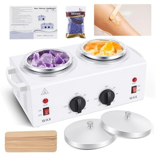 Double Hot Wax Pot, 1000ml Wax Warmer for Painless Hair Removal with 20 Wood Spatulas, Adjustable Temperature Waxing Machine, Professional Beauty Salon Wax Heater Pot for Bikini, Home Use