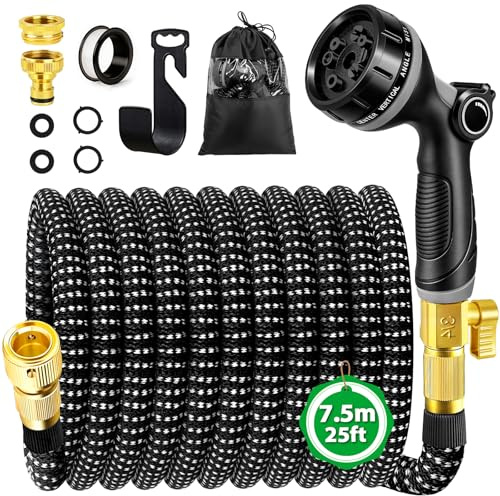 WEVOL Tubo Acqua Giardino 7.5 Metri, Tubo Estensibile da Giardino con Adattatori da 1/2 e 3/4, Canna Acqua Giardinos con 10 Funzioni Pistola e Gancio per Lrrigazione Giardinaggio Autolavaggio
