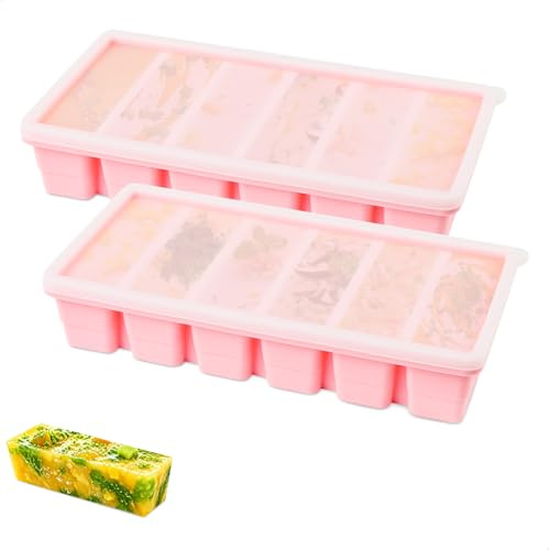 2 Pezzi Stampo in Silicone per Congelatore,Contenitori per Freezer con 6 Scomparti e Coperchio,Cubetti Ghiaccio Silicone per la Cucina Programmata Congelatore Zuppe,Cubetti Ghiaccio,Brodi,Salse (Rosa)