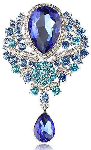 Gyn&Joy Damen-Brosche im Vintage-Stil, österreichischer Kristall, Blume, Tropfenform, wunderschöne Brosche, Metall, Strass, Strasssteine, Silber, Künstlicher blauer Saphir