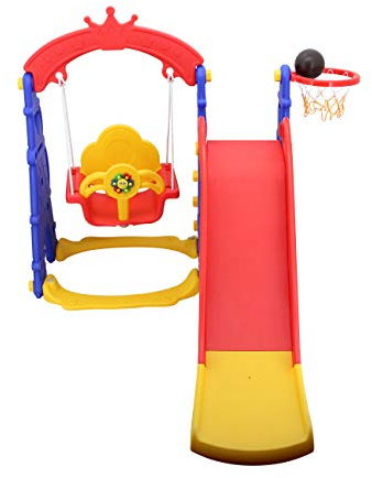 Sweety Toys 12718 Juego de columpio y tobogán 3 en 1, producto rojo/amarillo/azul con aro de baloncesto en diseño de la torre Eiffel