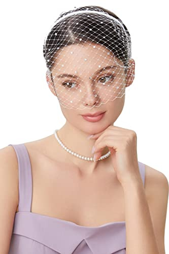 BABEYOND 1920er Flapper Fascinator Mesh Schleier Stirnband Braut Hochzeit Tee Party Fascinator Schleier mit Strass für Frauen, Weiß mit Kristall, Einheitsgröße