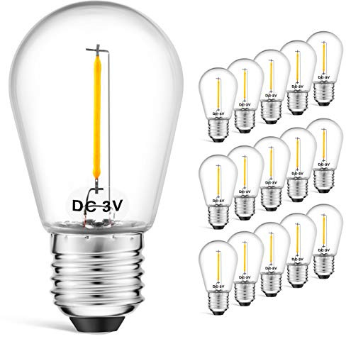 VISTERLITE LED S14 Low Voltage (DC 3V) Replacement Bulbs with E26 Base for Outdoor Solar String Lights, 15 Pack, Clear