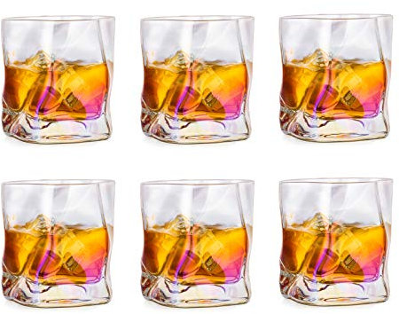 Glasseam Bicchieri da Whisky Irregolari Set di 6 Bicchieri da Scotch con Pieghe Inclinate Bicchiere da Whisky alla Moda 250Ml per papà, Marito, Amici, Bicchieri per Bicchiere da Bourbon/Rum/Bar