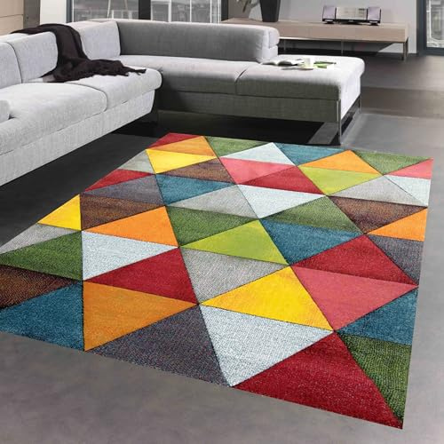 CARPETIA Abstrakt vardagsrumsmatta sovrum med modern färgglad triangelmönster design orange grön röd – lätt att rengöra storlek 140 x 200 cm