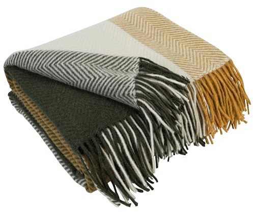 LYHome Manta Lana Merino - Plaid para Sofa Cama, Mantas Decorativas como Cubre Colcha para Sofas, Blanket Grande Suave Calentitas Verano y Invierno 140x200 cm Verde - Amarillo Mostaza - Blanco Cuadros