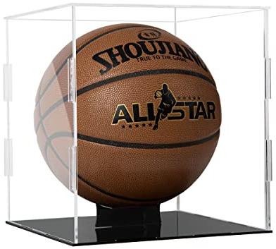 Basketball Display Case Clear Acrylic Glass Cube Assemble Countertop Box Soccer Frame with Sports Protection with Black Stand Holder