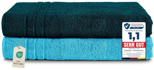 Komfortec Uppsättning av 2 bastuhanddukar, 80 x 200 cm av 100% bomull, XXL bastuhandduk, mjuk, stor, frotté, snabbtorkande, petrol/turkos