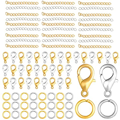 ZOCONE 400 Pcs Jewelry Bracelet Clasps Kit with 100 Lobster Claw Clasps, 200 Open Jump Rings, 100 Bracelet Necklace Extender Chain Alloy Jewelry Clasps Set for DIY Craft Jewellery Making-Gold/Silver