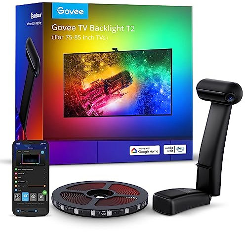 Govee TV LED Backlight T2 with Dual Cameras, 5m RGBIC Envisual LED Strip Lights with Double Beads for Ultra-Thin 75-85 inch TVs, Wi-Fi, Music Sync, DreamView, Voice&App Control, Alexa(0.9m*2+1.6m*2)