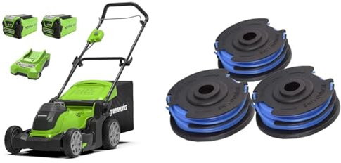 Greenworks 40V Kabelloser Akku Rasenmäher für Flächen bis zu 500 m² & 3 Stück Doppel-Fadenspule 29187 für Greenworks 40V Rasentrimmer G40LT G40LTK2 G40LTK2x