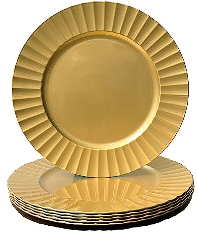 UOEKCS 13 Gold Charger Plates, Round Plate Chargers with Waved Scalloped Rim, Plastic Plate Charger for Dinner Plates for Place mats, Decoration, Table Setting.(Set of 6)