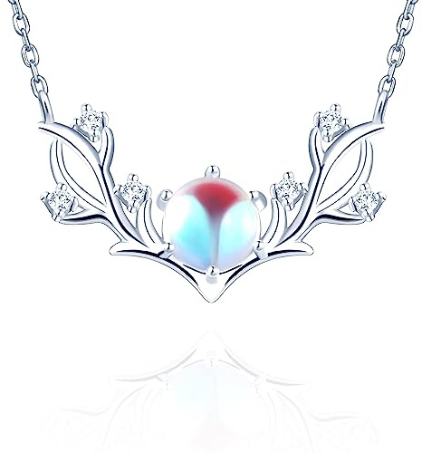 Yumilok Kette Damen Halskette Collier 925 Sterling Silber Zirkonia Mondstein Hirsch Anhänger für Frauen Mama