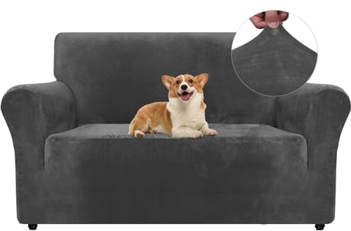 Ystyle Elastischer Samt Sofabezug 2 Sitzer, Grau | Stretch Sofa Überzug, Sofaschoner Rutschfest, Couch Überzug, Sofa Cover mit Armlehnen, Sesselschoner Sofaschutz Katze