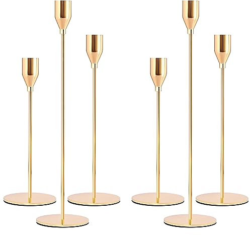 NINGESHOP Kerzenständer Gold 6 Set, 32/27/22cm Stabkerzenhalter, Metall Kerzenhalter Stabkerze,Hochzeit Kerze Stand, Kegelkerzenhalter für Party Hochzeitstisch Abendessen Kerzenhalte Vintage Deko
