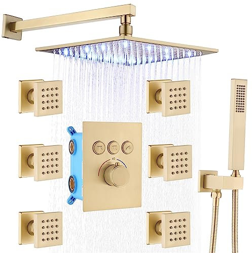 Delnet Thermostatic Shower Mixer Set Concealed Brushed Gold 12 Inch Wall Mounted LED Rain Shower System with 6 Body Jets