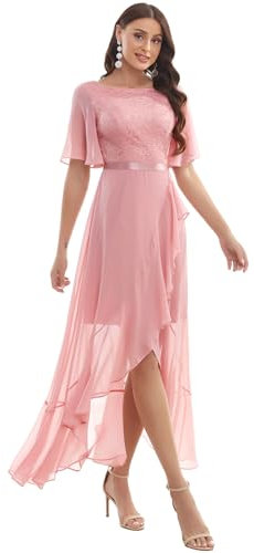 Gardenwed Robe de Soirée Femme Mariage Invité Cérémonie Fluide Chic et Elégant Longue Robe Bal de Promo Demoiselle d'honneur Cocktail en Mousseline avec Manches Courtes Blush XL