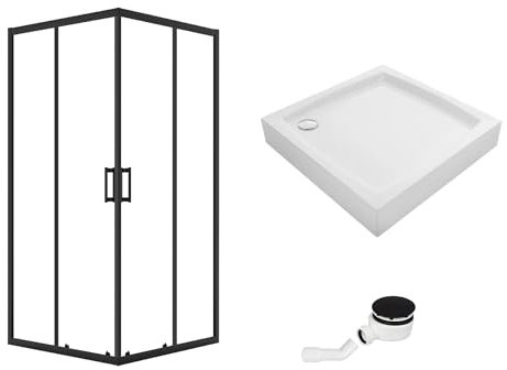VBChome Duschkabin med duschkar kvadratiskt set, 90 x 90 x 185 cm, svart duschbricka, sifon, hörningång duschvägg, skjutdörr, duschavskiljare, klart säkerhetsglas, duschpartitionsvägg, kvadrat 90 x 90