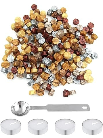 Wekuw Perles de Cire à Cacheter,200 Pièces de Cires à Cacheter Kit Perles de Cire Octogonales avec 4 Bougies 1 Cuillère,Pour Cachet de Cires,Enveloppes,Emballage Cadeau (Couleur Métallique)