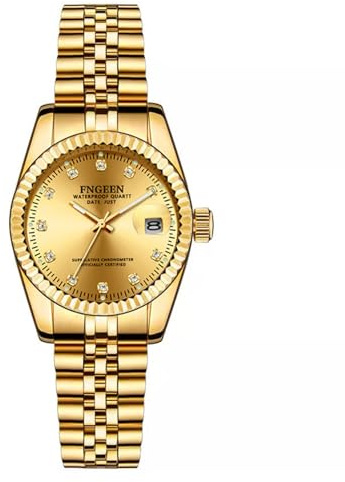 Silverora Uhren Damen Edelstahl Paaruhren - 3ATM Wasserdicht Analoge Quarz Uhr mit Leuchtend Strass Zirkon Skala Edelstahlarmband Kalender Datum Damenuhr Geschenke für Frauen Gold