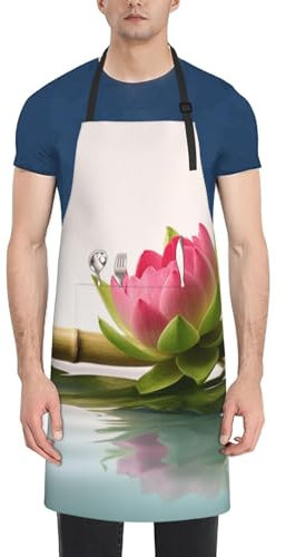 OPSREY Tablier imprimé fleur de lotus en bambou avec 2 poches imperméable et sangle de cou réglable pour cuisine, peinture, jardinage, noir, taille unique, Noir, taille unique