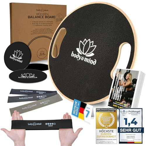 Balance-Board Deluxe Wackelbrett mit Griffe für Physio-Therapie-Kreisel-Training; Trainiert Gleichgewicht & Koordination mit kostenlosem E-BOOK & viel Zubehör (Studio Set Deluxe Holz)