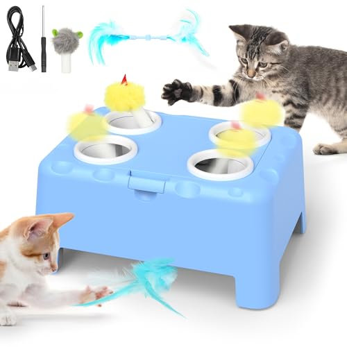 IOKHEIRA Interaktives Katzenspielzeug, 2-in-1 Automatisches Katzenspielzeug, 4-Loch-Mäuse-Schlag-eine-Maulwurf Katzenmaus-Spielzeug mit bewegender Feder, USB wiederaufladbares Kätzchenspielzeug