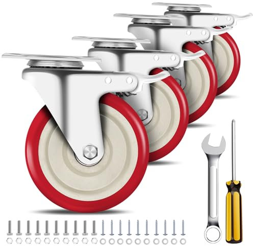 Lenkrollen 5 Zoll, Schwerlastrollen 4er Set, Lenkrollen mit Dual Feststellbremsen, Leise PU Räder, 360° Drehung, für Möbel und Werkbank, Belastung 1270.1 kg