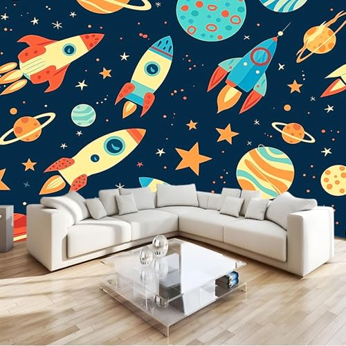 Estilo De Dibujos Animados Fotomurales Decor Pared cielo estrellado planeta nave espacial Papel pintado Tejido No Tejido Decor de Pared, Salones, Habitaciones Decor Murales Fotográfico 200x140 cm