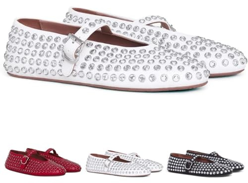 Ballerines à strass pour femmes, chaussures Mary Jane à boucle scintillante et bout rond, ballerines à embellissements cloutés (blanc, 5)