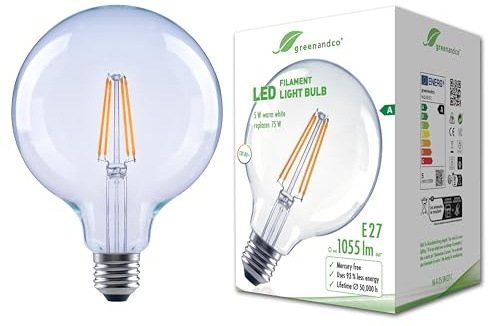greenandco Lampadina grande a palla LED | trasparente | E27 G125 | 5W 1055 lm | sostituisce 75W | 2700 K bianco caldo | 320° | 230V | senza sfarfallio | Classe energetica A | non dimmerabile