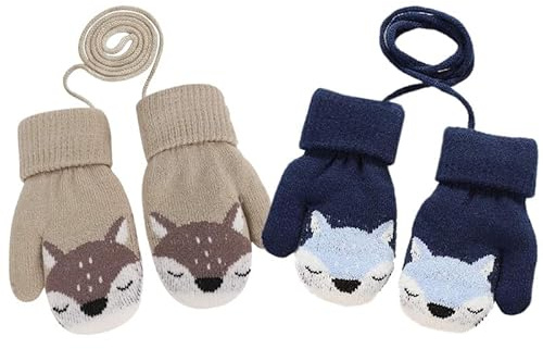 Yolhloy 2 Paar Kinder Handschuhe Winter Fäustlinge Baby Warme Cartoon Fausthandschuh Halshandschuhe Dicke Strickhandschuh mit Plüsch für Kinder Mädchen Jungen 1-4 Jahre