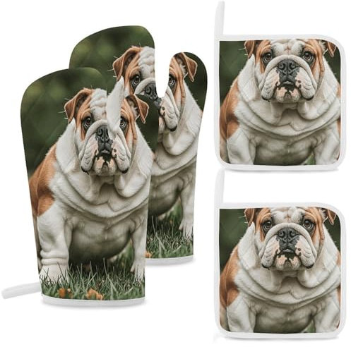 Ofenhandschuhe und Topflappen, 4 Stück, rutschfest, niedliche englische Bulldogge, Ofenhandschuh, hitzebeständig, Ofenhandschuhe zum Kochen, Grillen, Küche, heiße Pads für Mikrowelle