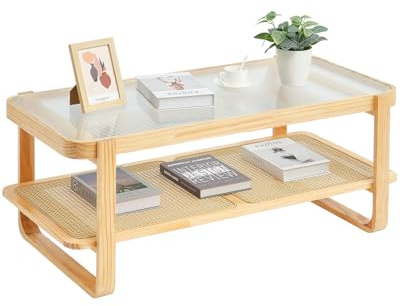 VEVOR Table Basse Rectangulaire en Rotin, Table de Salon avec Plateau en Verre Trempé, Meuble de Rangement Bohème Moderne de 115 cm, avec Pieds en Bois Naturel, pour Chambre et Petits Espac
