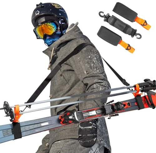 SGQTZDZQ Skigurt und Stangenträger - Einfach zu bedienendes Downhill-Ski-Zubehör für mühelosen Ausrüstungstransport - Kompakte und verstellbare Skigurte zum Tragen, Orange, One size