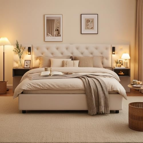 Julyue Letto con comodini, camera da letto, set completo, 160 x 200 cm, con luce da lettura e USB, letto matrimoniale idraulico, con rete a doghe in legno, bianco (160 x 200 cm)
