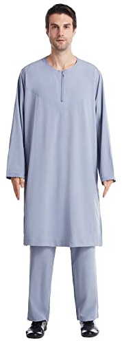 RUMAOZIA Muslim Clothing Men's Kaftan with Trousers Suit Men's Muslim Dresses Middle East Thobe Dubai Arabic Men's Clothing Afghan Soft Bathrobe Ramadan Ethnic Clothing, O Grey, M